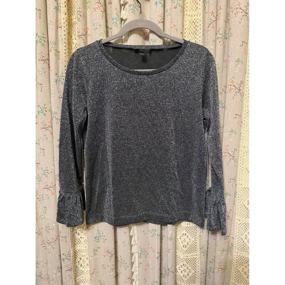 J.Crew Sparkle Bell Sleeve Top Black Silver Metallic Small H1877